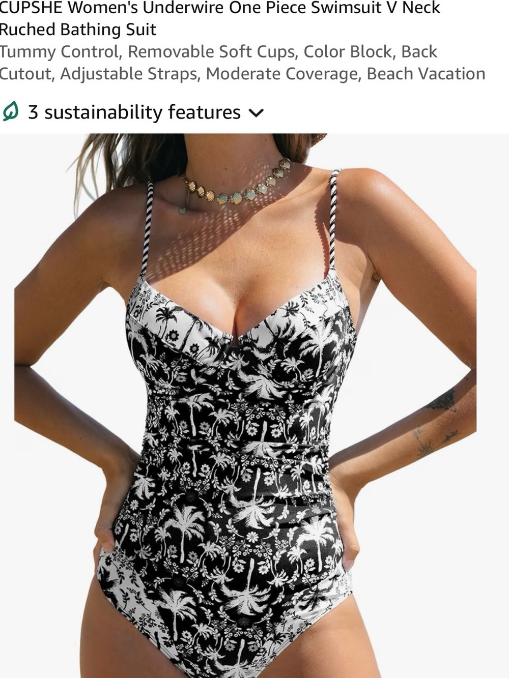 Cupshe Black & White Palm-Print Underwire One-Piece Swimsuit